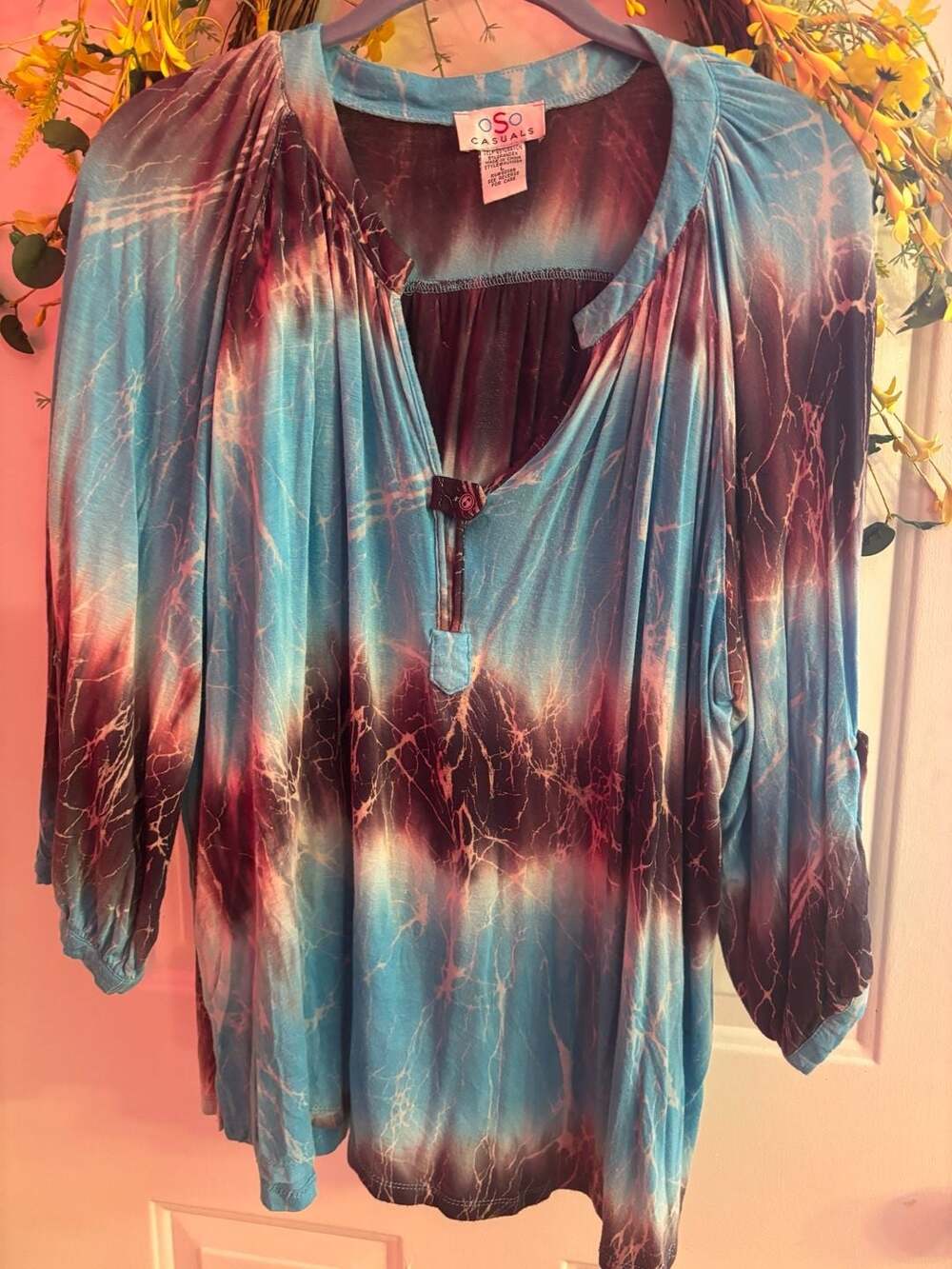 OSO Casuals Blue Marble Tie Dye V-Neck 3/4 Sleeve Top